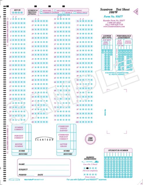 SCANTRON DM TEST SHEET 100/W