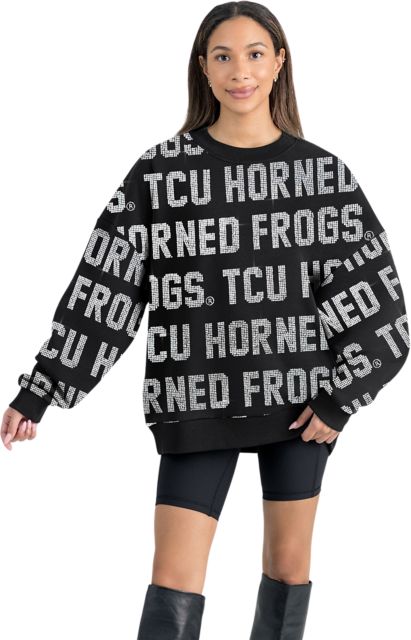 Texas Christian University Women's All-Over Pixelated Rhinestone Text Drop Shoulder Crewneck Pullover