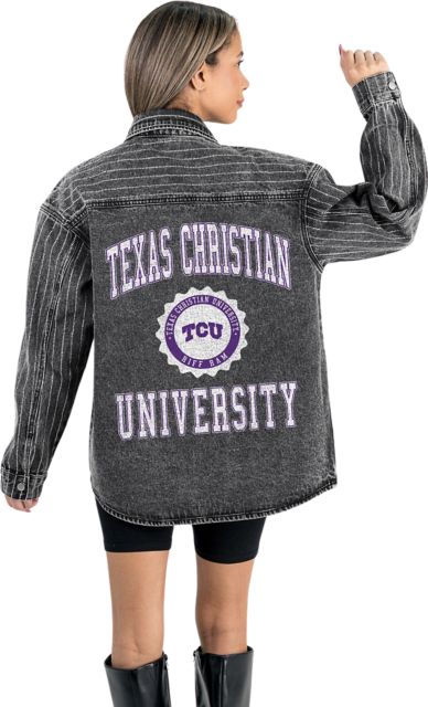 Texas Christian University Women's Micro-Rhinestone Stripe Washed Denim Overshirt with Button-Down Front