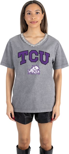 Texas Christian University Women's Garment-Washed Relaxed Fit Tee with Jeweled Rhinestone V-Neck