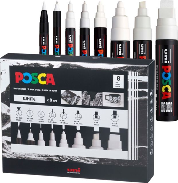 Posca Marker Set 8 Assorted Tips All White | Posca | TCU